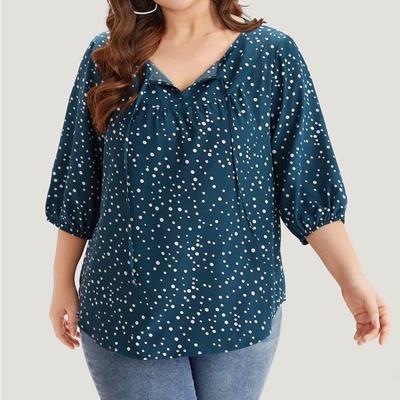 BloomChic Tops - BloomChic Teal Polka Dot Balloon Sleeve Blouse Plus Size 5X 28